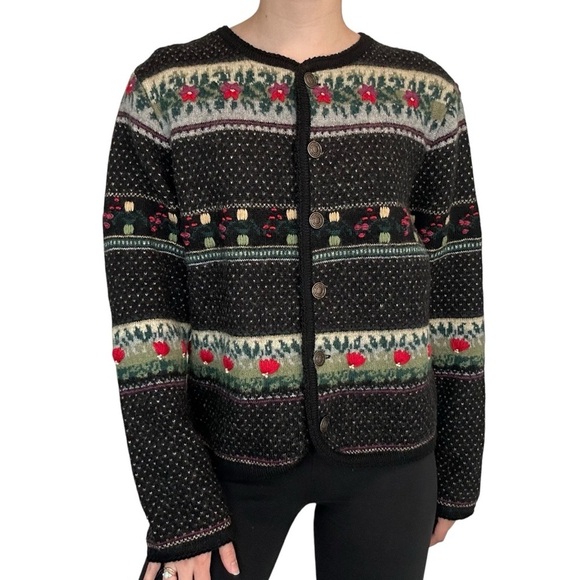 Vintage Wool Cardigan Sweater Colorful Knit Scandinavian Floral Size Medium - Picture 1 of 8